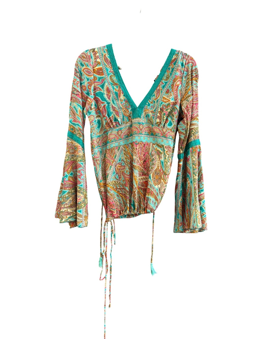 Paisley V-Neck Tie-Waist Blouse in Teal & Coral
